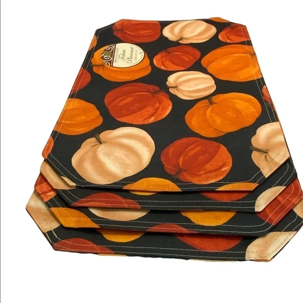 Pumpkin Linen Print Fabric Placemats Fall Autumn Halloween Thanksgiving Set of 4